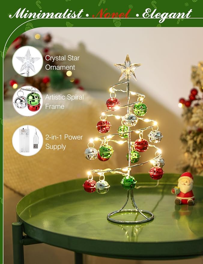 Lewondr Christmas Table Lamp, USB/Battery Powered Spiral Christmas Tree Desk Lamp with Star Topper, Decorative Christmas Tree Light with Red/Green Hanging Bells for Home Bedroom Xmas Party, Red/Green