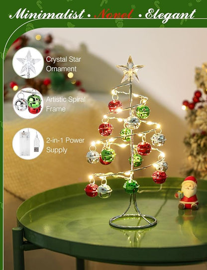Lewondr Christmas Table Lamp, USB/Battery Powered Spiral Christmas Tree Desk Lamp with Star Topper, Decorative Christmas Tree Light with Red/Green Hanging Bells for Home Bedroom Xmas Party, Red/Green