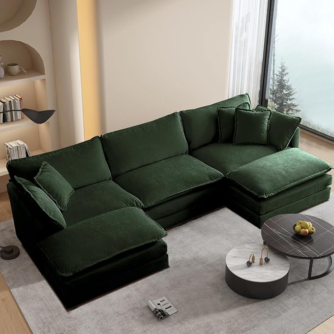 SoarFlash Chenille Sectional Sofa, Comfy L Shaped Modular Coush Sofa with Ottoman, Modern 3 Seat Couch Deep Seat Sofa Set for Living Room,Green