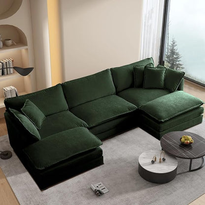 SoarFlash Chenille Sectional Sofa, Comfy L Shaped Modular Coush Sofa with Ottoman, Modern 3 Seat Couch Deep Seat Sofa Set for Living Room,Green