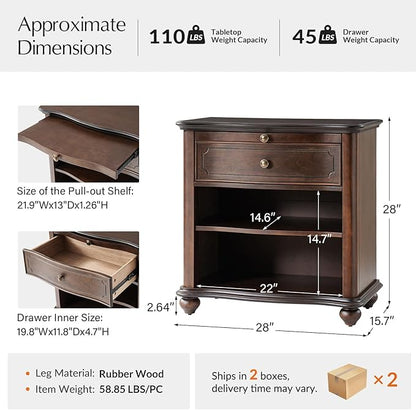 HULALA HOME Wooden Nightstand with Pull-Out Shelf, Mid Century Modern Nightstand with Solid Wood Drawers and Legs, Adjustable Storage Set of 2, Walnut