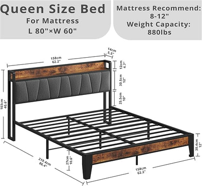 LIKIMIO Queen Bed Frame, Storage Headboard with Charging Station, Solid and Stable, Noise Free, No Box Spring Needed, Easy Assembly
