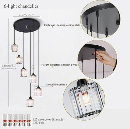 Long Chandeliers for High Ceilings,Modern Crystal Pendant Light,Raindrop Drop Lamp,Hanging Lighting Fixtures for Spiral Staircase,Foyer,Entryway,Living Room,Black (6 Lights)