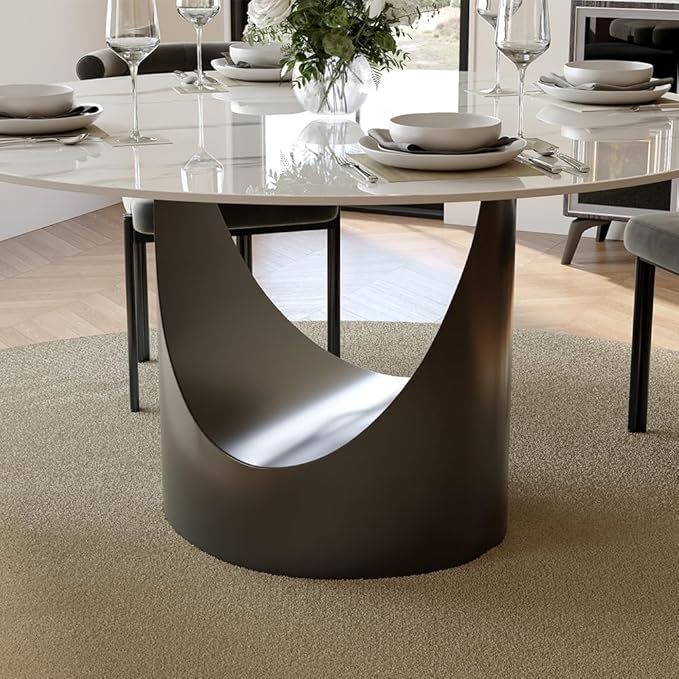 POVISON Round Dining Table for 4, 47" Glossy White Sintered Stone Top Dining Table with Grey Carbon Steel Pedestal, Modern Dining Room Table for Kitchen, Living Room (Table Only)