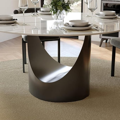POVISON Round Dining Table for 4, 47" Glossy White Sintered Stone Top Dining Table with Grey Carbon Steel Pedestal, Modern Dining Room Table for Kitchen, Living Room (Table Only)