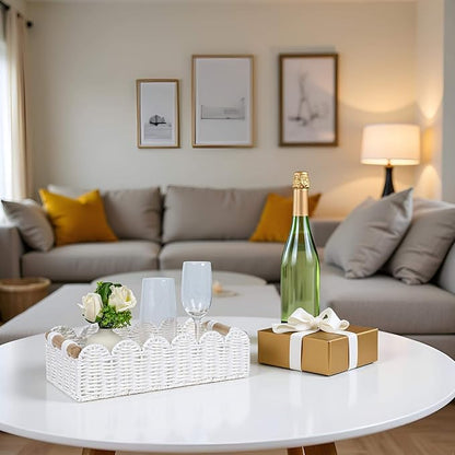 CubesLand Scalloped Edge Toilet Paper Storage Basket, Living Room Home Cozy Decor Basket, Paper Rope Small Baskets for Over Toilet Storage Shelf, Shelves, with 2 Wooden Handles, White