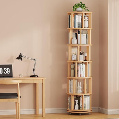 Solid Wood Rotating Bookshelf on Wheels, 6 Tier, Round Revolving Bookcase, 360° Spinning Book Shelf Tower for Kids, Narrow Rolling Bookshelves for Small Space, Corner, Bedroom, Office, Natural
