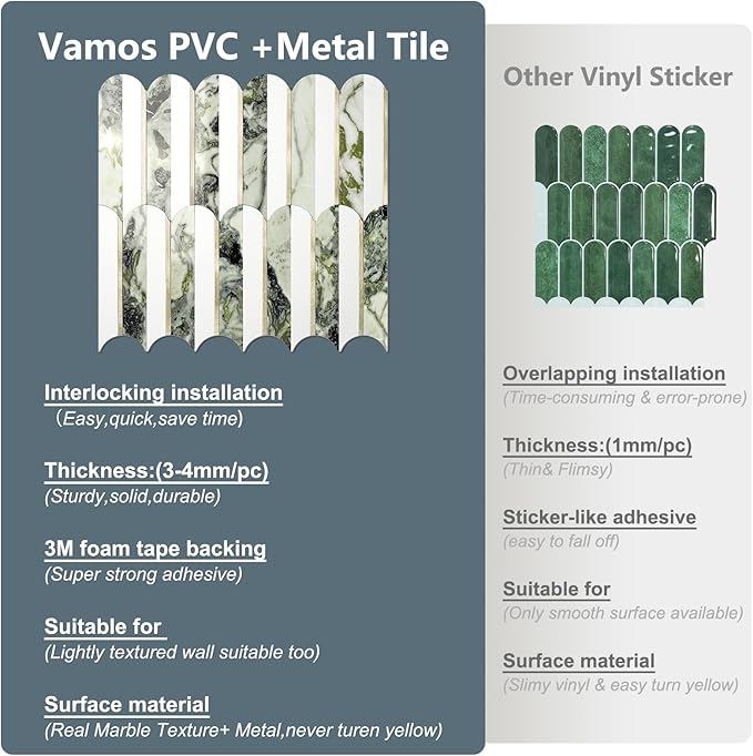 Vamos Tile Peel and Stick Backsplash Seamless Tile,10-Sheets Stick on Backsplash for Kitchen and Bathroom, Pure White+Ice Green Marble+Light Gold PVC Self Adhesive Mosaic Tiles