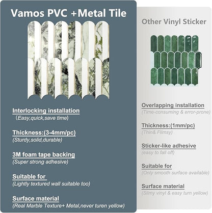 Vamos Tile Peel and Stick Backsplash Seamless Tile,10-Sheets Stick on Backsplash for Kitchen and Bathroom, Pure White+Ice Green Marble+Light Gold PVC Self Adhesive Mosaic Tiles