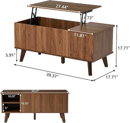 Wooden Fluted Lift Top Coffee Table with Hidden Compartment, Modern Rectangle Center Tables with Adjustable Storage Shelf, Lift Tabletop Dining Table for Home Living Room Office(Walnut)