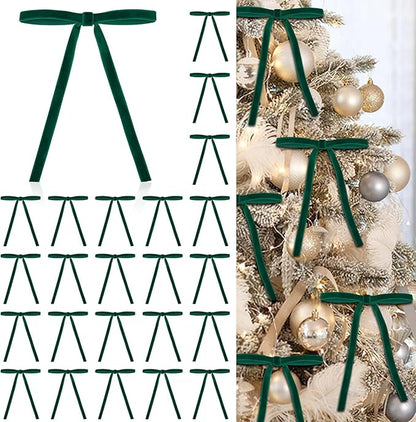 24 Pcs Green Velvet Bows for Christmas Tree, Elegant Dark Green Velvet Christmas Ornaments, 5x7 Inch Pre-Tied Ribbon Bows for Wreaths, Gifts & Holiday Décor (3/8")