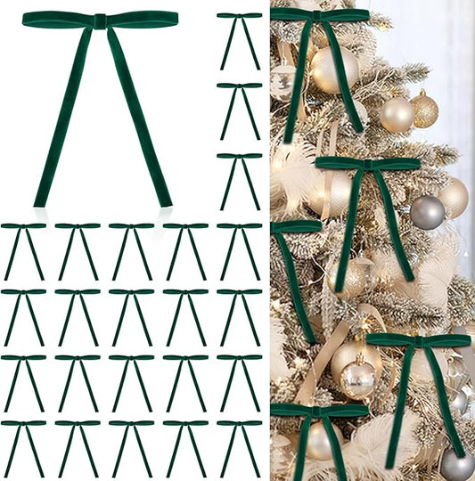 24 Pcs Green Velvet Bows for Christmas Tree, Elegant Dark Green Velvet Christmas Ornaments, 5x7 Inch Pre-Tied Ribbon Bows for Wreaths, Gifts & Holiday Décor (3/8")