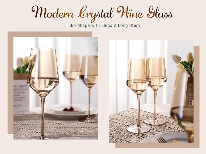 Physkoa Amber Colored Wine Glasses Set 6-16oz Stemmed Brown Wine Glasses With Tall Long Stem and Tulip Bottom,Amber Glassware for Home Deco,Wedding,Birthday