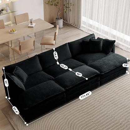 SoarFlash Chenille Sectional Sofa, Comfy Modular Coush Sofa with Ottoman, Modern 3 Seat Recliner Deep Seat Sofa Set for Living Room,Black