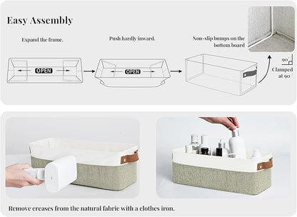 StorageWorks Narrow Storage Bins, Small Basket for Closet and Shelves, Fabric Organizer with Handles, Toilet Paper Storage, Green and White, 2-Pack