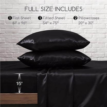 MR&HM Satin Sheets Full Size with Elastic Corner Straps, 4-Piece Silky Bedding Set, Deep Pocket 15 Inches, Good for Hair & Skin (Full, Black)