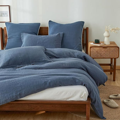 Simple&Opulence 100% Linen Duvet Cover Set, 3 PCS Classic Blue Duvet Cover Queen Size, Breathable Soft Comfy Linen Bedding Comforter Cover with 2 Pillowcases(Classic Blue, 88"x92")