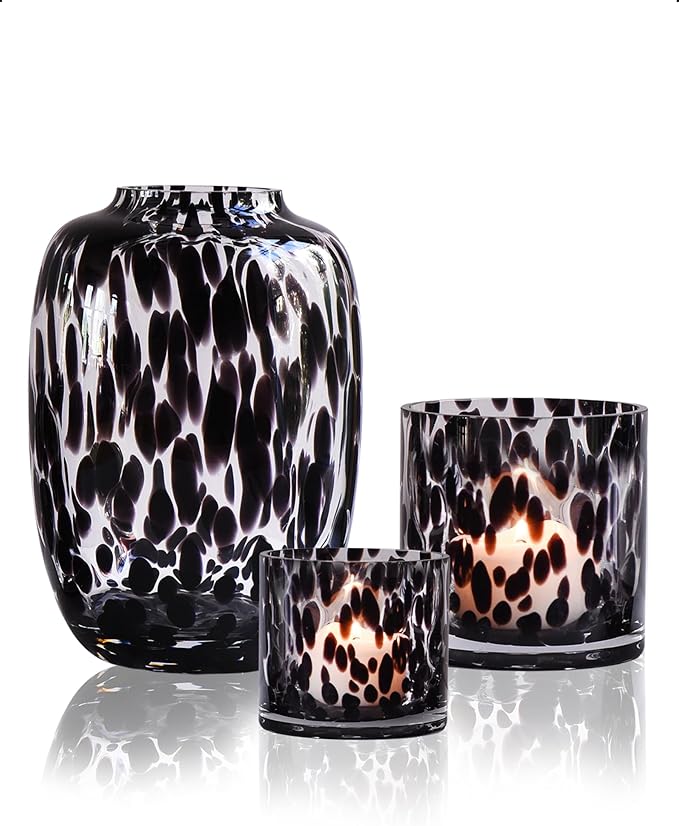 CONVIVA Decorative Glass Vase and Candle Holder Set, 3-Piece, Flower Vase Tortoise Pattern,Modern Fall Home Decor Thanksgiving Chrismas Day Gift Idea.