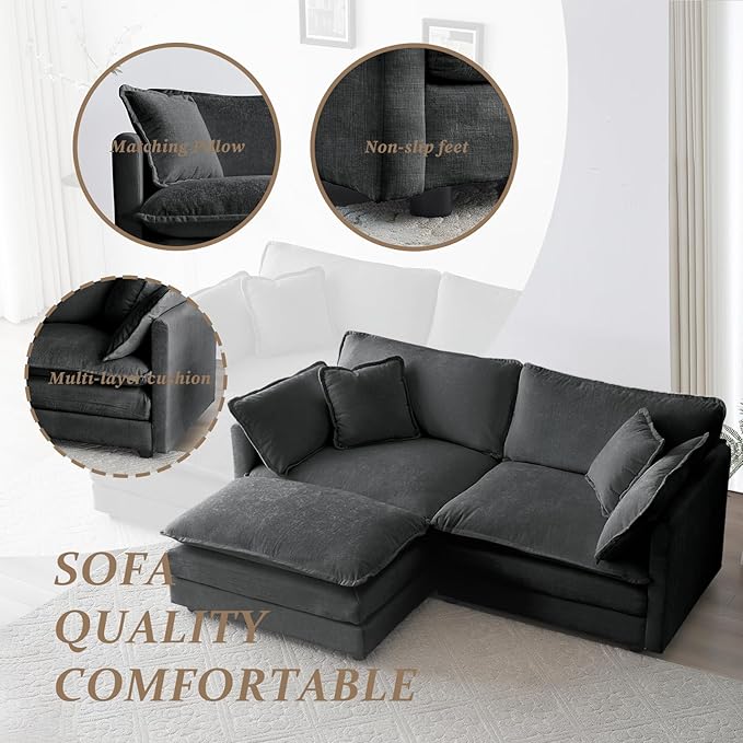 SoarFlash Chenille Sectional Sofa, Comfy L Shaped Modular Coush Sofa with Ottoman, Modern 2 Seat Couch Deep Seat Sofa Set for Living Room,Grey