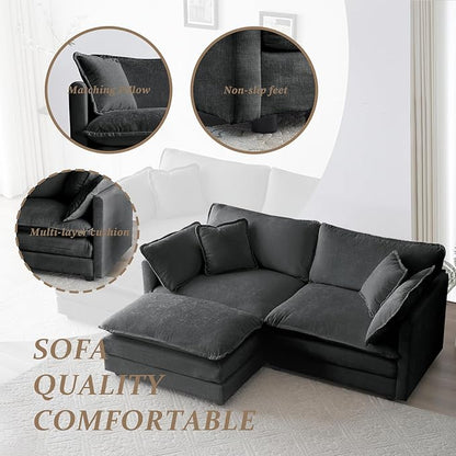 SoarFlash Chenille Sectional Sofa, Comfy L Shaped Modular Coush Sofa with Ottoman, Modern 2 Seat Couch Deep Seat Sofa Set for Living Room,Grey