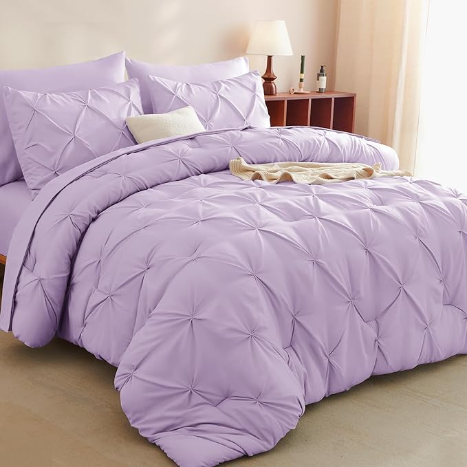 CozyLux Queen Comforter Set Lavender, 7 Pieces Pintuck Bed in A Bag, Premium Light Purple Comforter Queen Size, Pinch Pleat Bedding Sets with Comforter, Sheets, Pillowcases & Shams