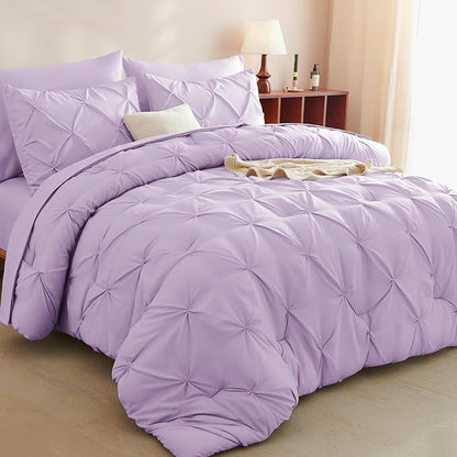 CozyLux Queen Comforter Set Lavender, 7 Pieces Pintuck Bed in A Bag, Premium Light Purple Comforter Queen Size, Pinch Pleat Bedding Sets with Comforter, Sheets, Pillowcases & Shams