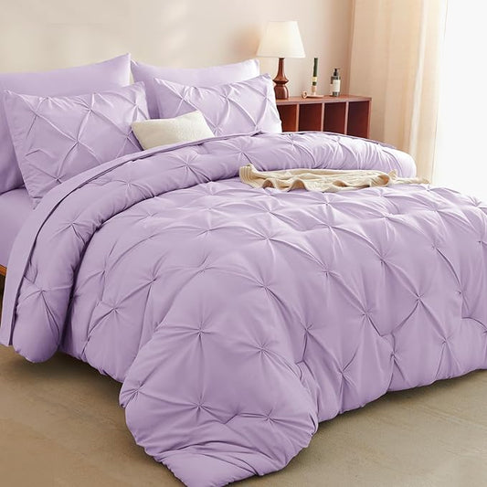 CozyLux Full Size Comforter Sets Lavender, 7 Pieces Bed in A Bag Light Purple Comforter Full Size, Pinch Pleat Bedding Sets with All Season Comforter, Sheets, Pillowcases & Shams
