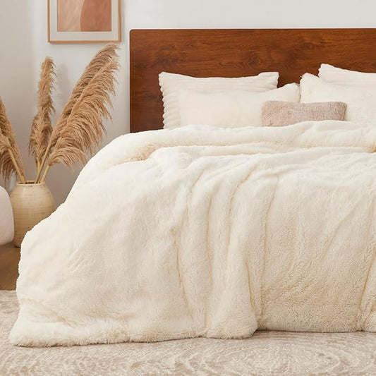 BEDELITE White Fluffy Comforter Set Twin Size, Fuzzy Faux Fur Comforter Bedding Set, 2Pieces Soft Warm Shaggy Bed Set (1 Comforter & 1 Pillowcase) as Gifts for Women