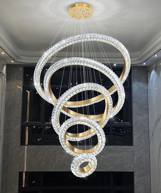 5 Ring Large Crystal Chandelier Modern LED Dimmable High Ceiling Chandelier Ring Contemporary Pendant Light Fixture for Living Room Foyer Staircase Gold D40''