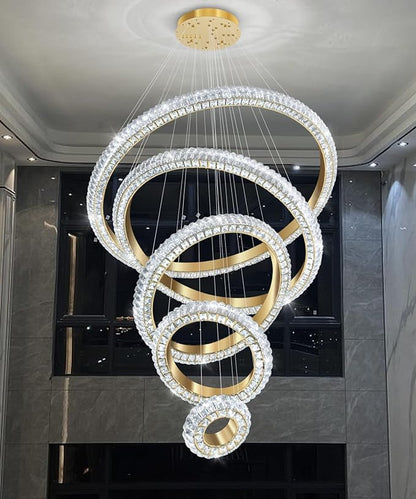 5 Ring Large Crystal Chandelier Modern LED Dimmable High Ceiling Chandelier Ring Contemporary Pendant Light Fixture for Living Room Foyer Staircase Gold D40''