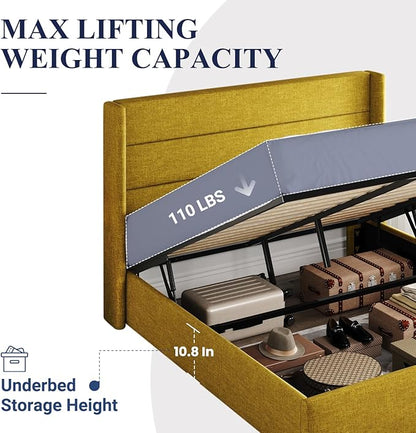 Allewie Full Size Lift Up Storage Bed, Modern Wingback Headboard, Hydraulic Support, No Box Spring Needed, Olive Yellow