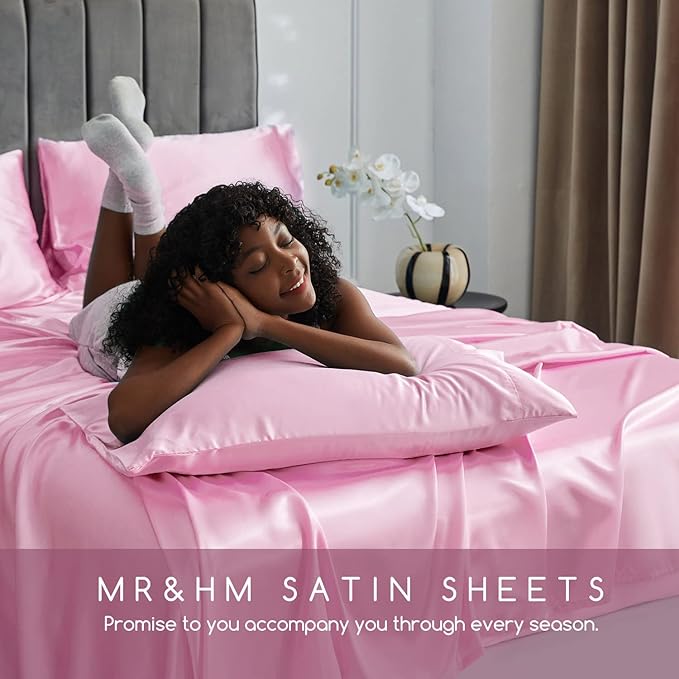 MR&HM Satin Bed Sheets, Twin XL Size Sheets Set, 3 Pcs Silky Bedding Set with 15 Inches Deep Pocket for Mattress (Twin XL, Pink)