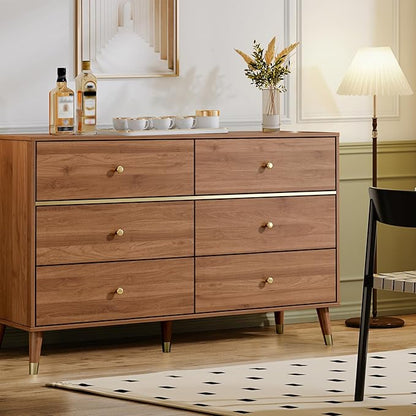 6 Drawer 47" Wide Mid Century Wooden Chest of Drawers, Walnut