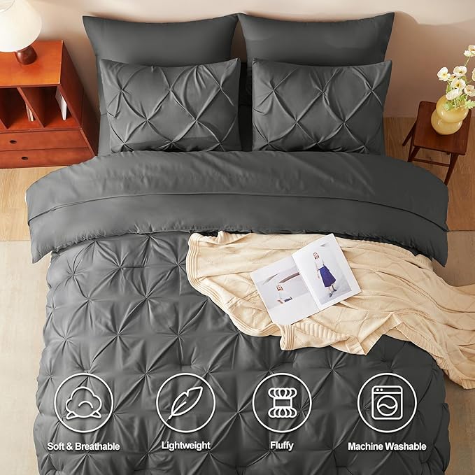 CozyLux King Size Comforter Set Dark Grey, 7 Pieces Pintuck Bed in A Bag Gray Comforter King Size, Pinch Pleat Bedding Set with All Season Comforter, Sheets, Pillowcases & Shams