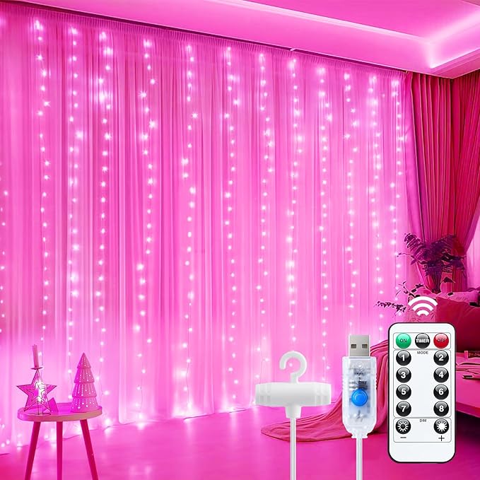 Minetom Curtain Lights, 300 LED Dimmable Fairy Lights with Remote and Timer, 8 Modes, USB Powered String Lights for Room Wall Party Xmas Indoor Decor, Pink