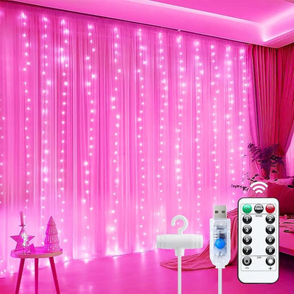 Minetom Curtain Lights, 300 LED Dimmable Fairy Lights with Remote and Timer, 8 Modes, USB Powered String Lights for Room Wall Party Xmas Indoor Decor, Pink