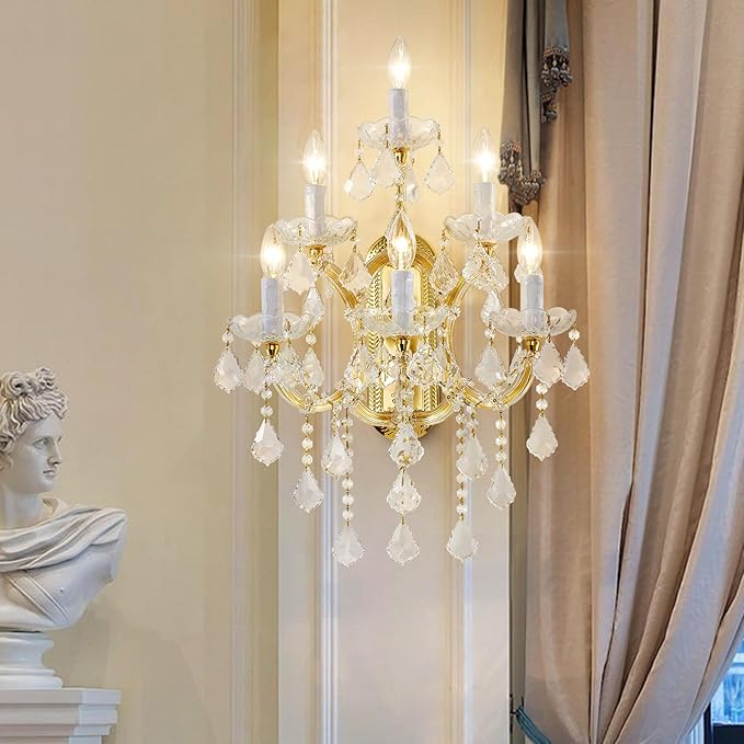 Modern Crystal Wall Sconce Lights- 6 Light Maria Theresa Crystal Wall Sconces Lighting Gold Wall Lamp Chandelier Light Fixtures for Living Room Wall Sconce Light Wall Mounted Lamp Indoor