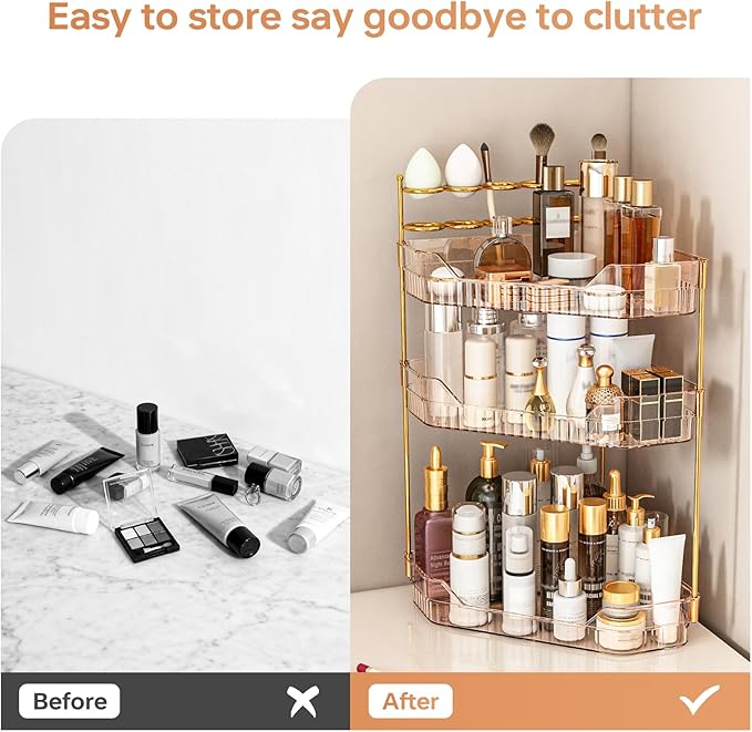 Corner Bathroom Counter Organizer with Makeup Brush Holder & Toothbrush Holders, Makeup Organizer for Vanity Countertop, Acrylic Skincare Storage Shelf (Amber, 3-Tier)