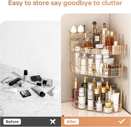 Corner Bathroom Counter Organizer with Makeup Brush Holder & Toothbrush Holders, Makeup Organizer for Vanity Countertop, Acrylic Skincare Storage Shelf (Amber, 3-Tier)