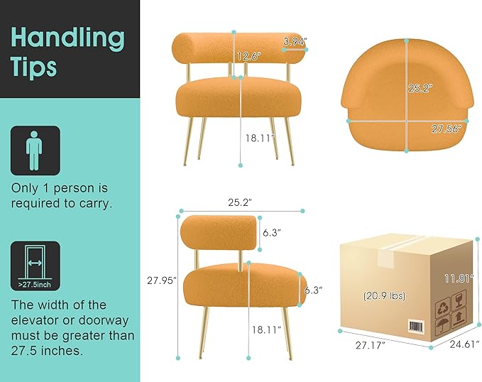 Mid Century Sherpa Boucle Accent Chair, Round Upholstered Barrel Arm Chair for Small Spaces, Fluffy Side Corner Chair for Living Room, Bedroom, Vanity, Office, Reading Nook(Yellow)