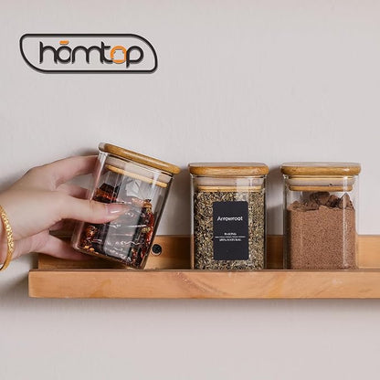 10Pcs 7oz Spice Jars Glass Container with 275 Labels, Airtight Seasoning Empty Organizer with Bamboo Lid Set for Pepper, Salt, Sugar