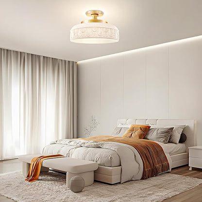 Lamomo Semi Flush Mount Ceiling Light,White Glass Shade Gold Hallway Light Fixture,3-Bulb Globe Glass Close to Ceiling Scone,Indoor Hanging Light for Bedroom Kitchen Porch Hallway,Bulbs Not Included