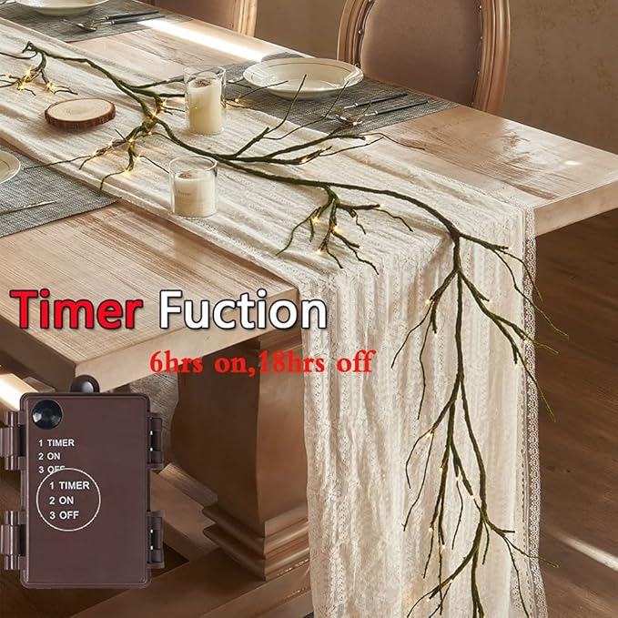 Fudios Greenery Garland with Lights for Mantle with Timer 48 LED 6FT Mossy Vine Garland Lights for Table Centerpieces Indoor Outdoor