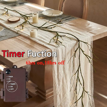 Fudios Greenery Garland with Lights for Mantle with Timer 48 LED 6FT Mossy Vine Garland Lights for Table Centerpieces Indoor Outdoor