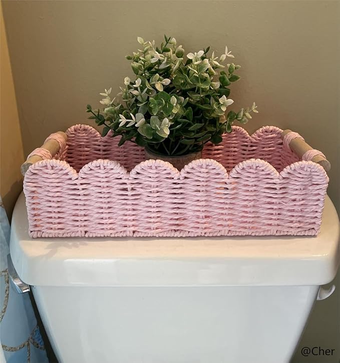 CubesLand Paper Rope Scalloped Edge Gift Basket Empty, Small Living Room,Bedroom Decor Baskets, Pink Woven Toilet Paper Storage Basket, with 2 Wooden Handle, Rectangular