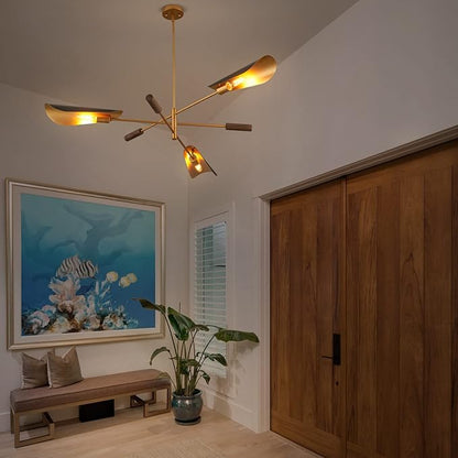 51" Industrial Farmhouse Chandelier with Antique Brass Brush Paint and Matt Black Finish, Wood Pendant Lighting Fixture for Dining Room Living Room Kitchen Island Bedroom 3-Light