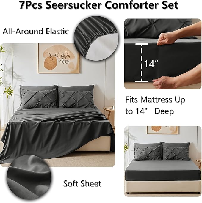 CozyLux Full Size Comforter Sets Dark Grey, 7 Pieces Bed in A Bag Dark Gray Comforter Full Size, Pinch Pleat Bedding Sets with All Season Comforter, Sheets, Pillowcases & Shams