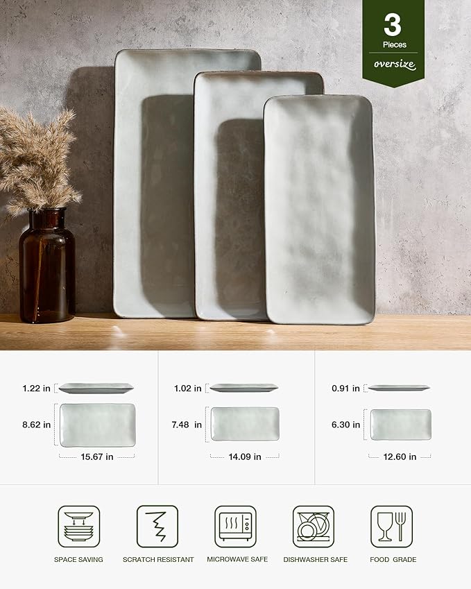 famiware Serving Platter, Rectangular 15.67/14.1/12.6inch Serving Dishes for Entertaining, Reactive Glaze, Stoneware for Party, Food, Turkey, Snack, Cheese, Ocean Series, Grey