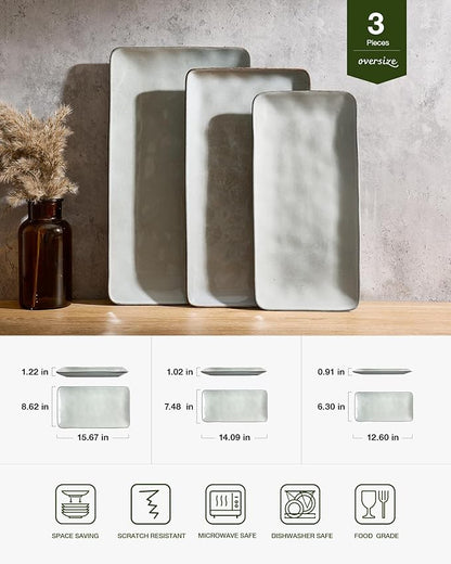 famiware Serving Platter, Rectangular 15.67/14.1/12.6inch Serving Dishes for Entertaining, Reactive Glaze, Stoneware for Party, Food, Turkey, Snack, Cheese, Ocean Series, Grey