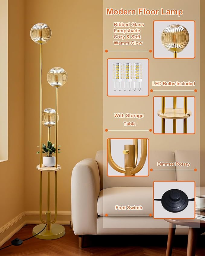 Glass Floor Lamp with Table, Gold Tall Standing Lamps Dimmable, 3000K Warmwhite Mid Century Modern Floor Lamp for Living Room/Bedroom